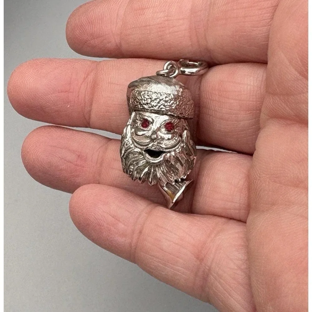 Rare Monet 1960s Charm Santa Claus Head Mechanical HAVE A MERRY Signed Christmas
